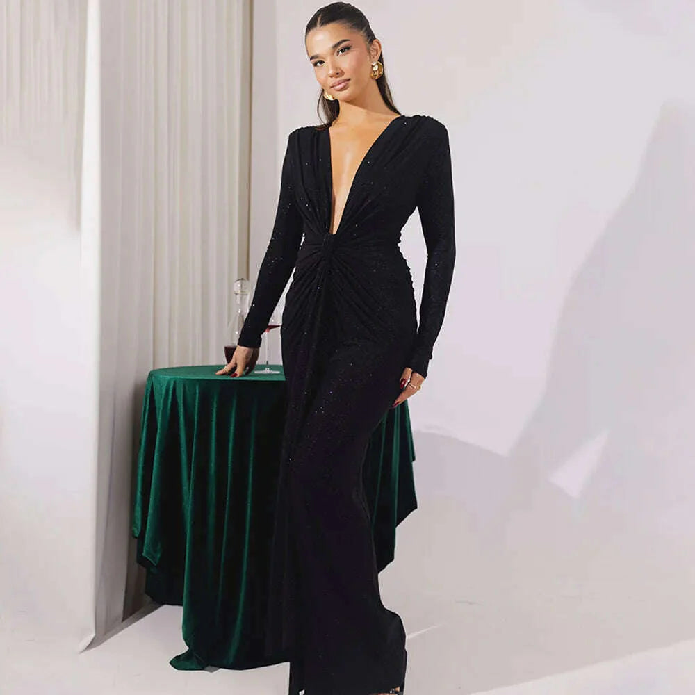 Articat Elegant Long Sleeve Elastic Tight Party Evening Dress For Women Sexy Deep V-Fold Lace Vestido Autumn/Winter New 2025