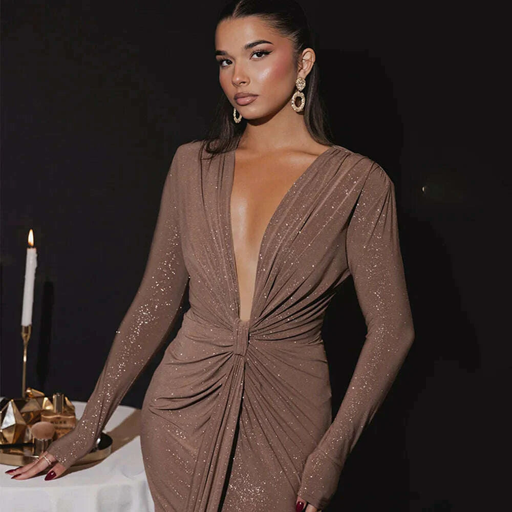 Articat Elegant Long Sleeve Elastic Tight Party Evening Dress For Women Sexy Deep V-Fold Lace Vestido Autumn/Winter New 2025