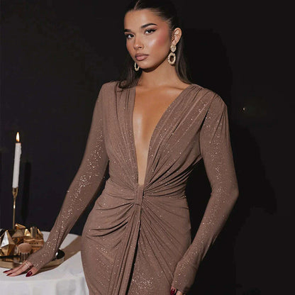 Articat Elegant Long Sleeve Elastic Tight Party Evening Dress For Women Sexy Deep V-Fold Lace Vestido Autumn/Winter New 2025