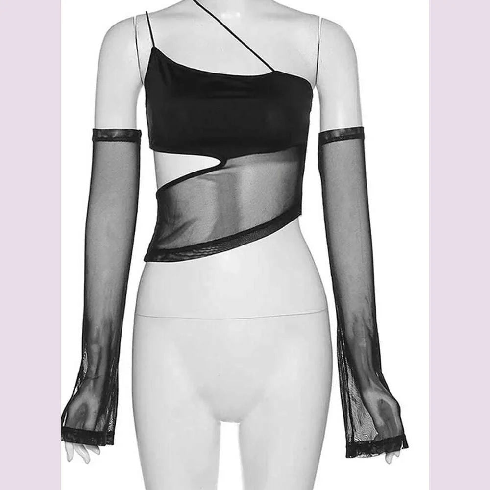 Asymmetrical Cut Out Mesh Crop Top with Sleeves Fairy Grunge  Clothes Transparent Camisole Tank Tops