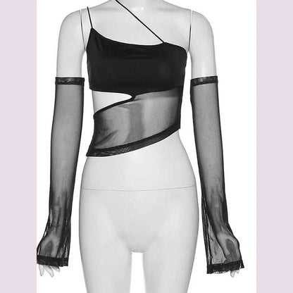 Asymmetrical Cut Out Mesh Crop Top with Sleeves Fairy Grunge  Clothes Transparent Camisole Tank Tops