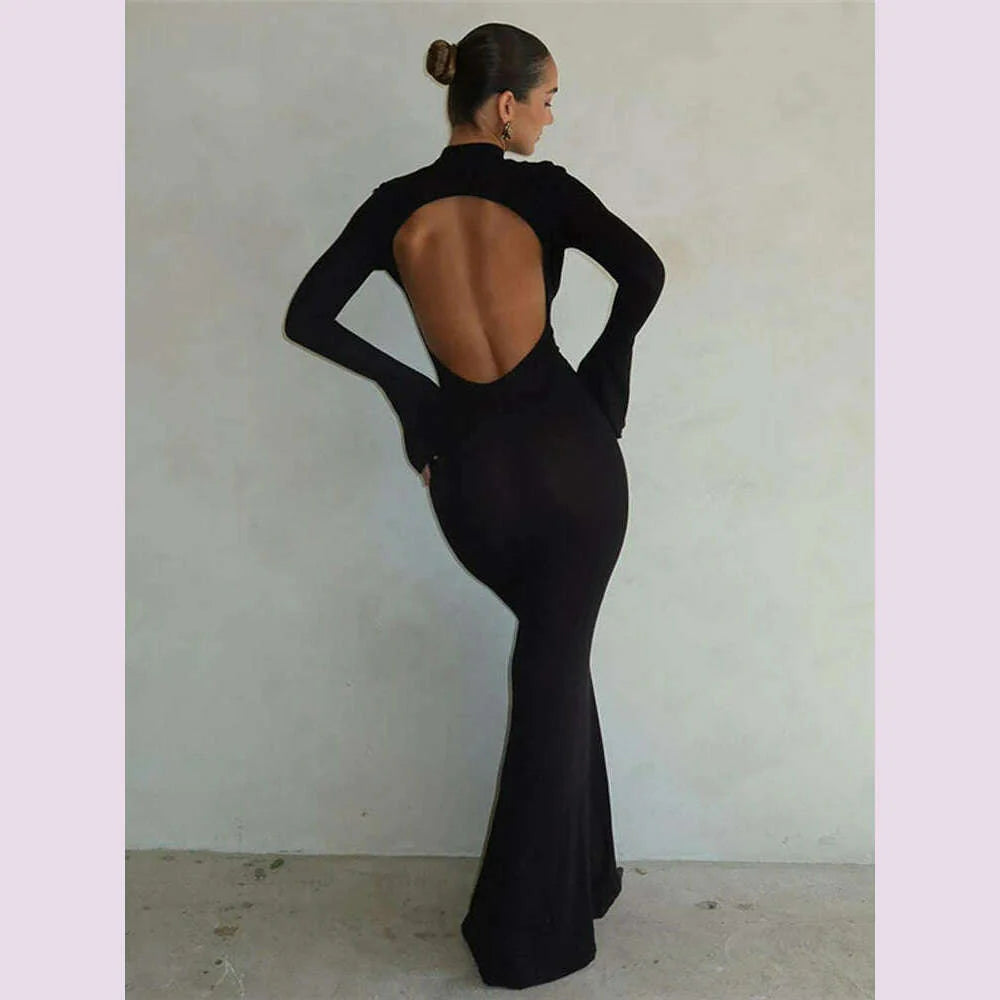 Autumn Winter Backless Sexy Party Club Black Bodycon Maxi Dresses Outfits for Women Long Sleeve Y2K Dress Vestido Streetwear New