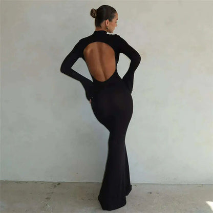 Autumn Winter Backless Sexy Party Club Black Bodycon Maxi Dresses Outfits for Women Long Sleeve Y2K Dress Vestido Streetwear New