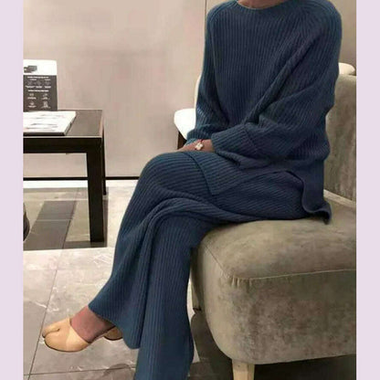 Autumn/winter Fashion Casual O-Neck Pullover Tops Knitted Pant New Homewear Pajama Winter Solid Women Two Piece Set Homewear