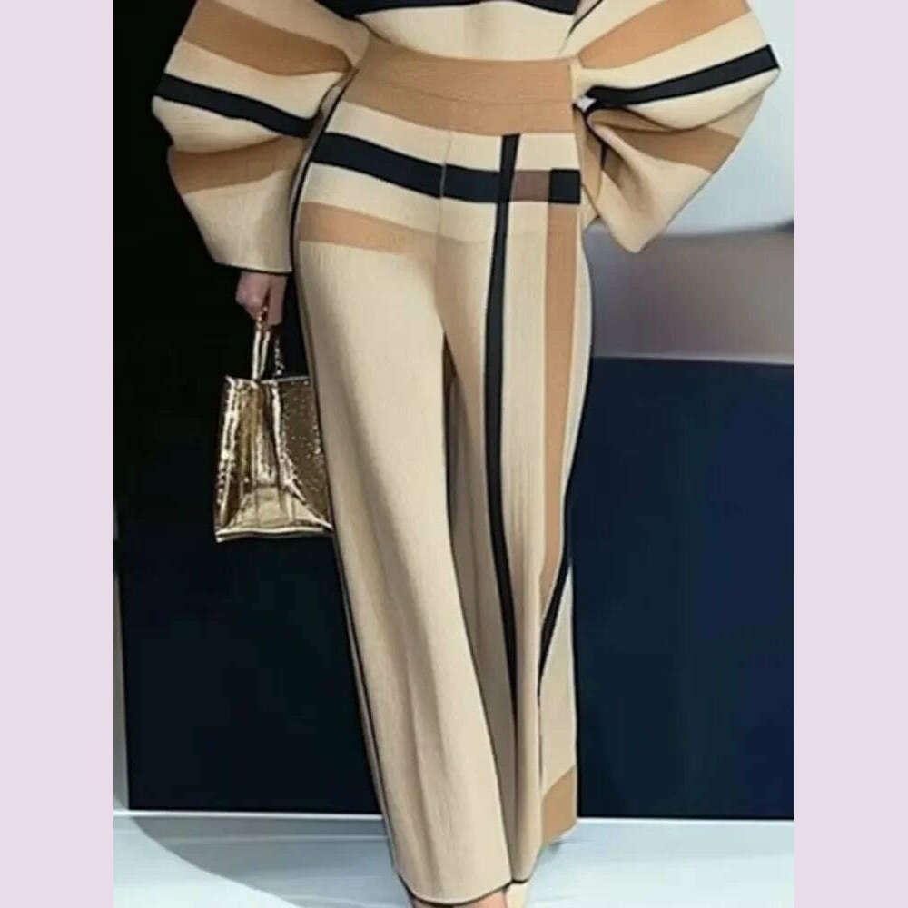Beautyblue 2 Piece Sets Women Outfit Pant Sets 2025 New Round-Neck Pullovers Khaki Sweater Striped Wide Leg Pants Tops&Bottoms
