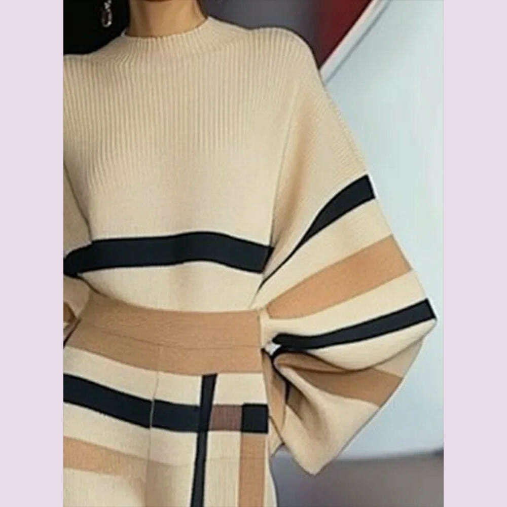 Beautyblue 2 Piece Sets Women Outfit Pant Sets 2025 New Round-Neck Pullovers Khaki Sweater Striped Wide Leg Pants Tops&Bottoms