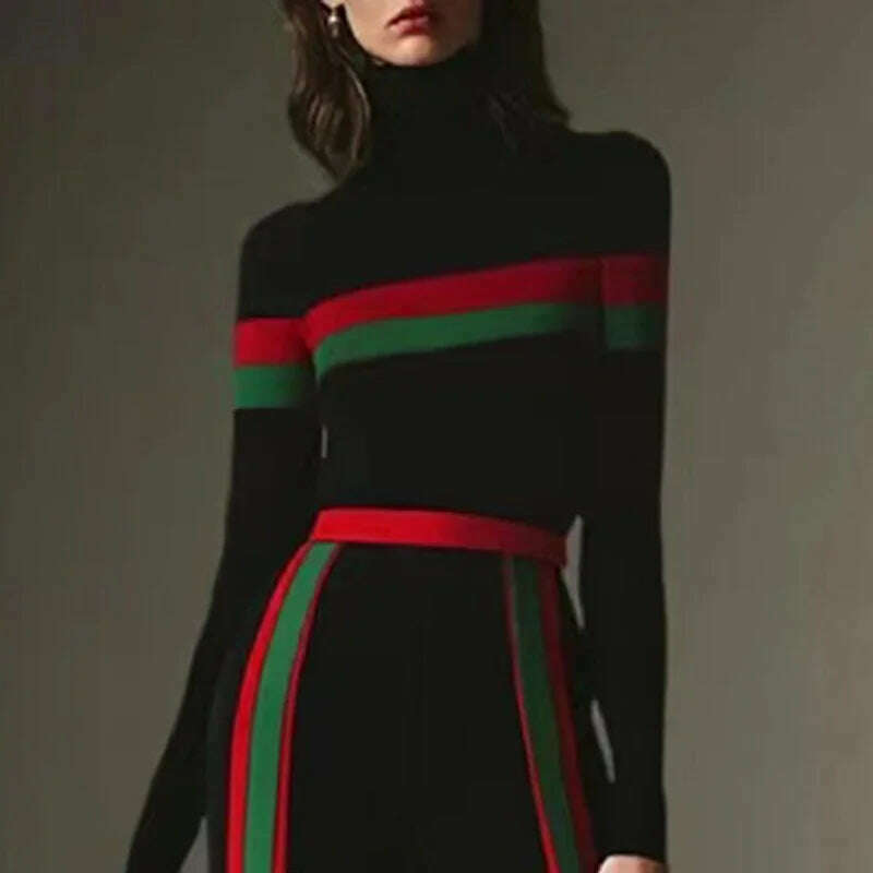 Beautyblue High Neck T-Shirts Women Black Top Sexy Slim Fit Long Sleeves Striped Split-Joint Bottom Basic Shirt Casual Clothing