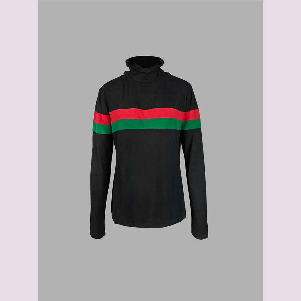 Beautyblue High Neck T-Shirts Women Black Top Sexy Slim Fit Long Sleeves Striped Split-Joint Bottom Basic Shirt Casual Clothing