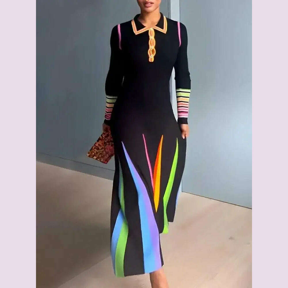 Beautyblue Skinny Maxi Dresses Elegant Printed Dress for Women Long Sleeves Buttoned Lapel New Fashion Evening Party Long Robes