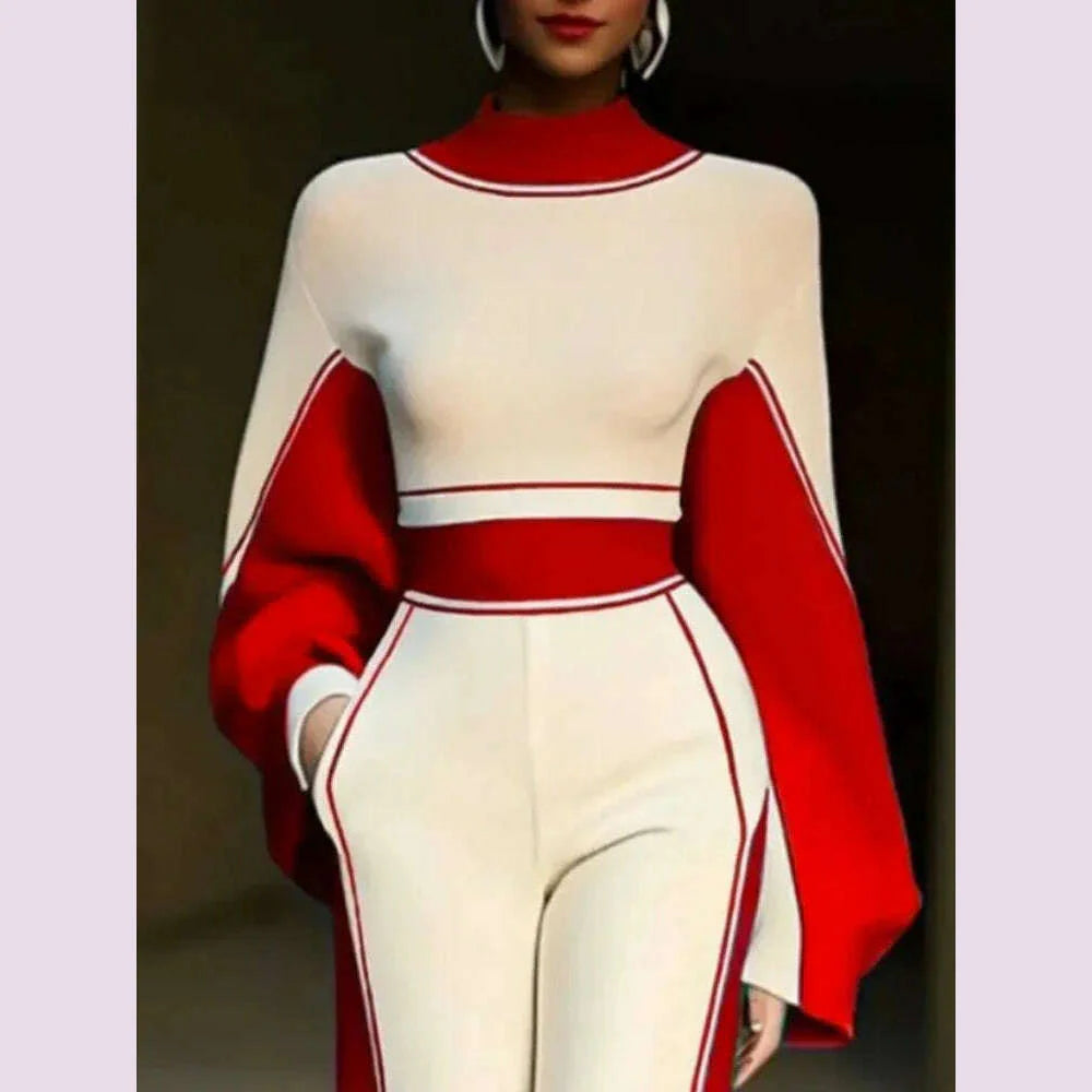 Beautyblue Women Clothing Stand Collar Long Sleeves Top Autumn Contrasting Colors Striped High Neck T-Shirts Female Base Layer