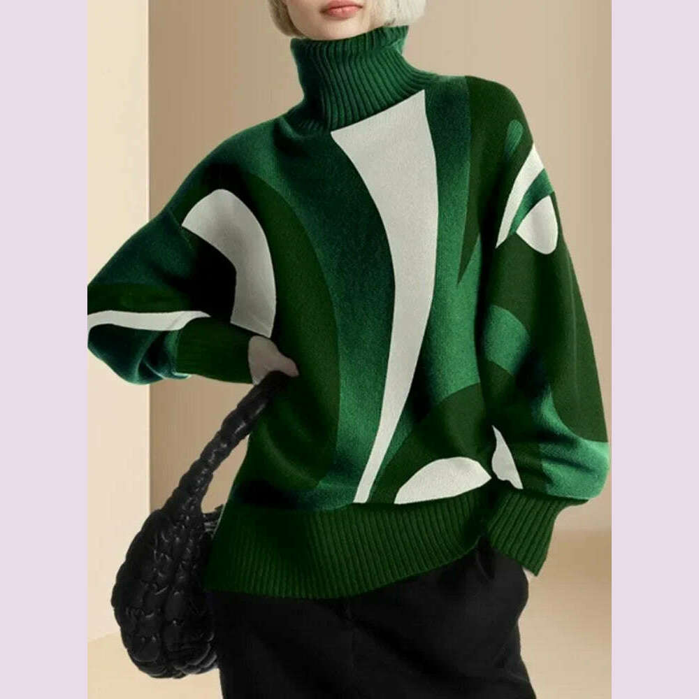 Beautyblue Women's Winter Clothing Luxurious Knitwear Green Casual Contrast Color High Neck Female High Neck Pullovers Sweater