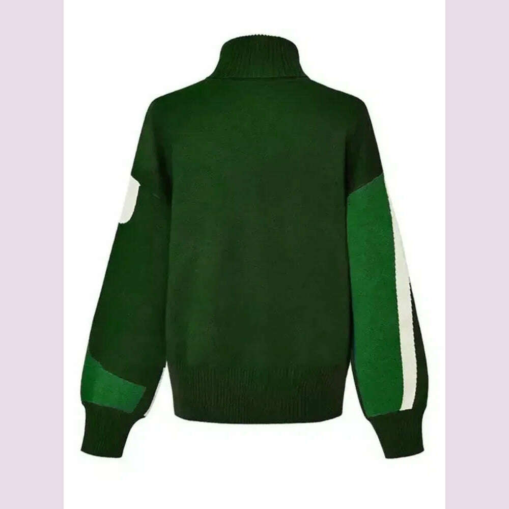 Beautyblue Women's Winter Clothing Luxurious Knitwear Green Casual Contrast Color High Neck Female High Neck Pullovers Sweater