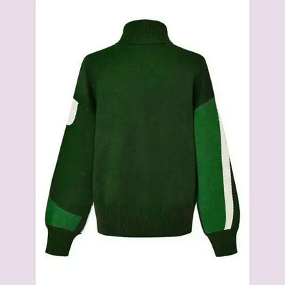 Beautyblue Women's Winter Clothing Luxurious Knitwear Green Casual Contrast Color High Neck Female High Neck Pullovers Sweater