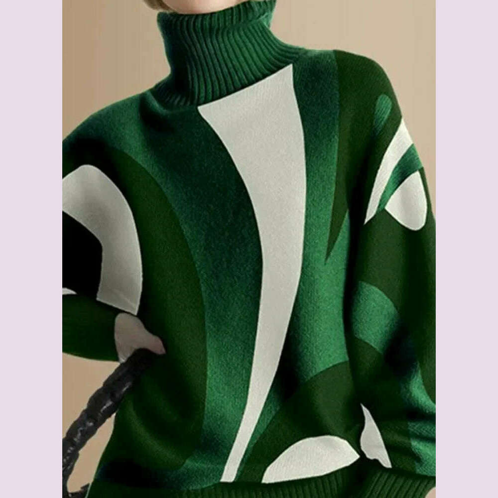 Beautyblue Women's Winter Clothing Luxurious Knitwear Green Casual Contrast Color High Neck Female High Neck Pullovers Sweater