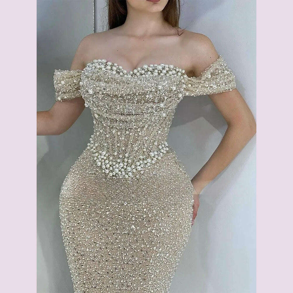 Bella Bead String Off the Shoulder Mermaid robes de soirée Floor-Length Draped Cocktail Party Evening Dresses  Wedding Dress