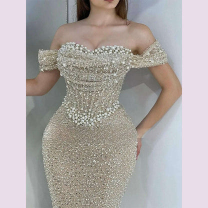 Bella Bead String Off the Shoulder Mermaid robes de soirée Floor-Length Draped Cocktail Party Evening Dresses  Wedding Dress