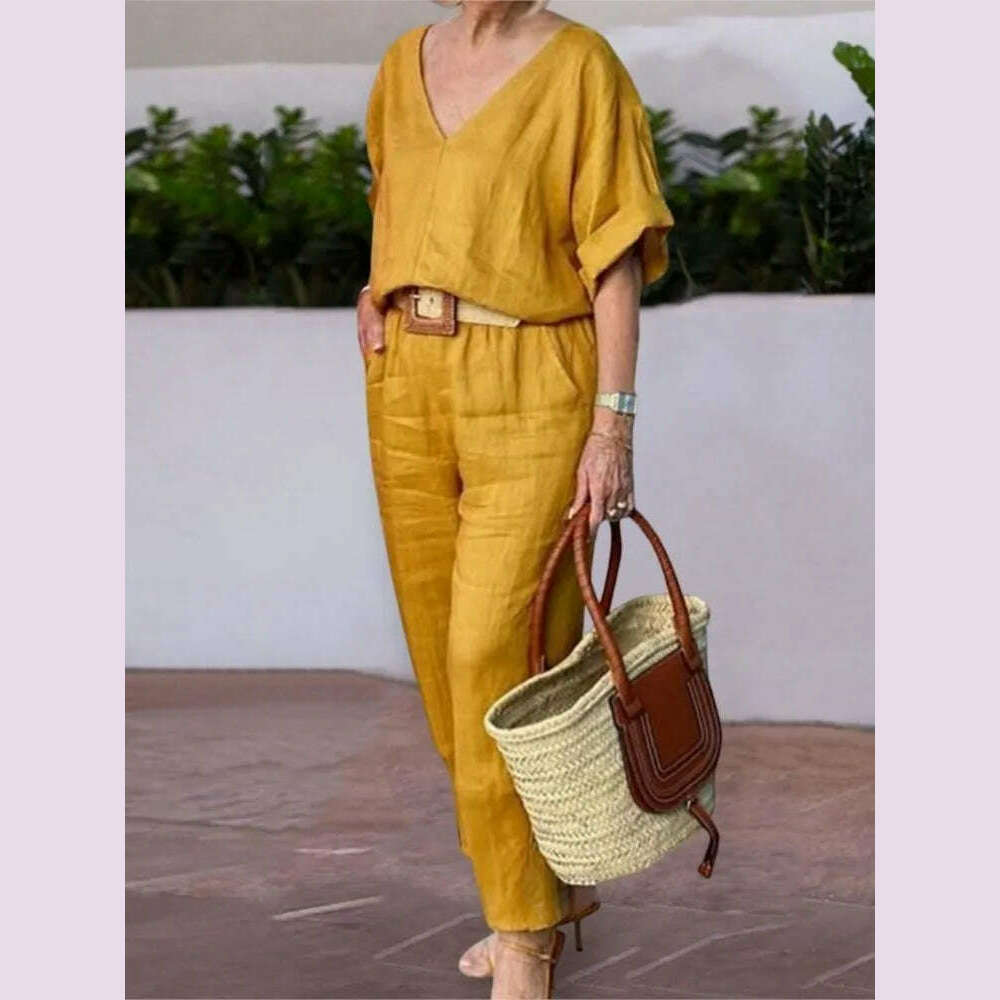 Beltless V-neck Short-sleeved Top + Nine-point Pants 2-piece Set For Women Fashion Summer Solid Color Loose Office Suit Female
