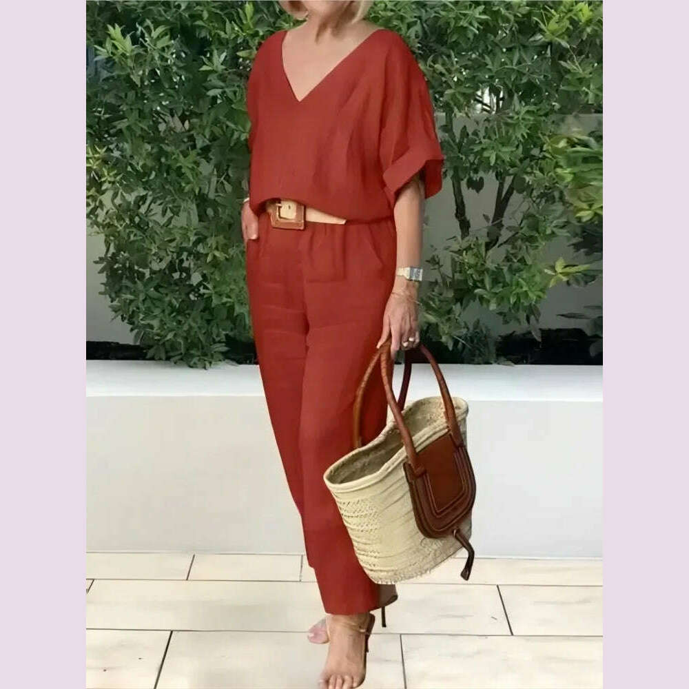Beltless V-neck Short-sleeved Top + Nine-point Pants 2-piece Set For Women Fashion Summer Solid Color Loose Office Suit Female