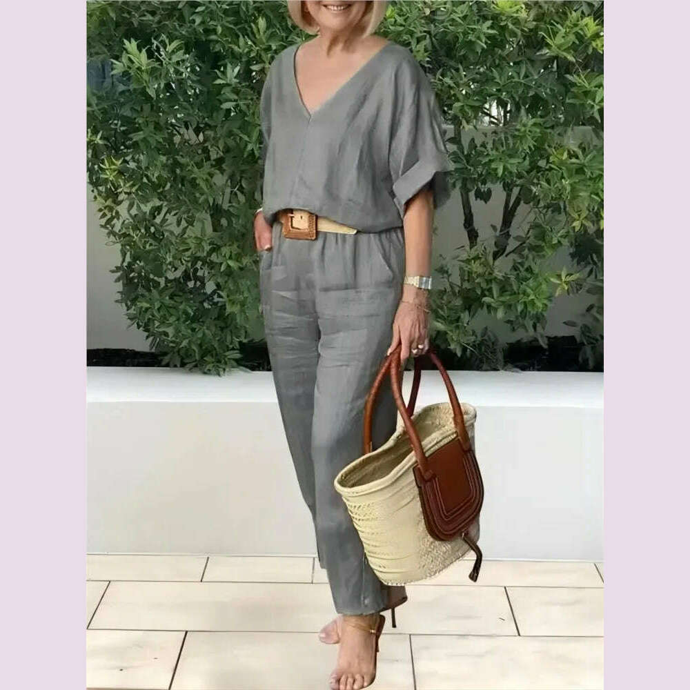 Beltless V-neck Short-sleeved Top + Nine-point Pants 2-piece Set For Women Fashion Summer Solid Color Loose Office Suit Female