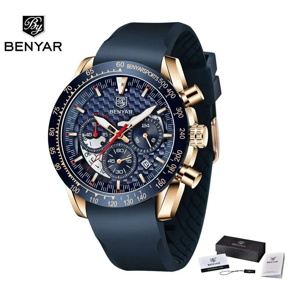 BENYAR Top Brand New Men Watches Leather Strap Luxury Waterproof Sport Quartz Chronograph Military Watch Men Clock Reloj Hombre