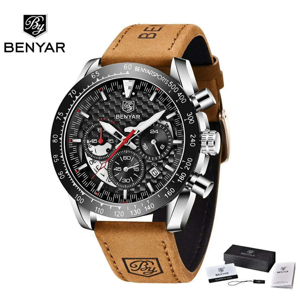 BENYAR Top Brand New Men Watches Leather Strap Luxury Waterproof Sport Quartz Chronograph Military Watch Men Clock Reloj Hombre