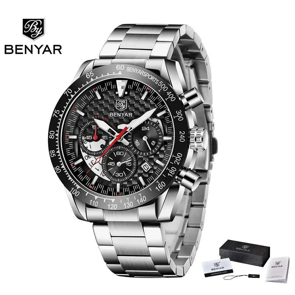 BENYAR Top Brand New Men Watches Leather Strap Luxury Waterproof Sport Quartz Chronograph Military Watch Men Clock Reloj Hombre