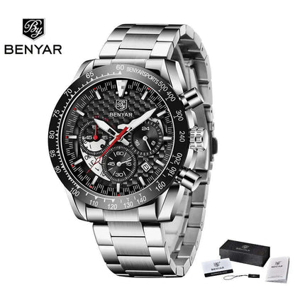 BENYAR Top Brand New Men Watches Leather Strap Luxury Waterproof Sport Quartz Chronograph Military Watch Men Clock Reloj Hombre