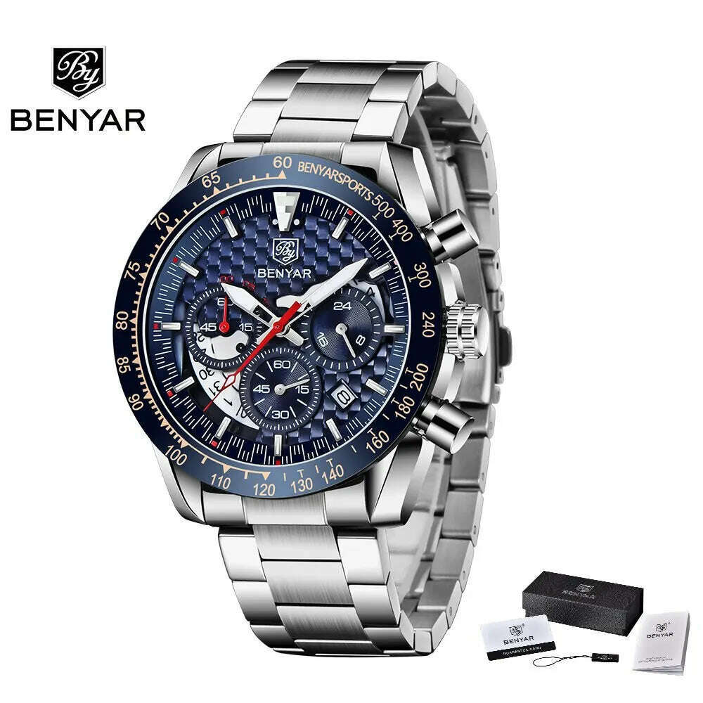 BENYAR Top Brand New Men Watches Leather Strap Luxury Waterproof Sport Quartz Chronograph Military Watch Men Clock Reloj Hombre