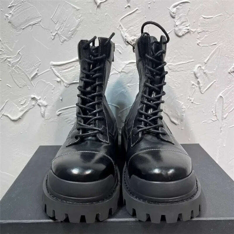 Black Man Ankle Boot Lace Up High Tube Men Brand Motorcycle Boots