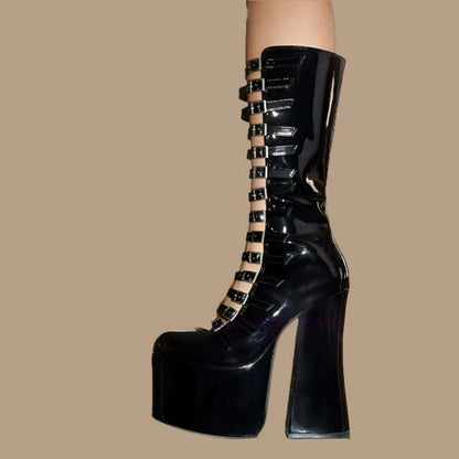Black Multi-Buckle Platform Sandals Chunky Heel Cut Out Knee High Sandal Boots for Women 2024 Luxury Runway Shoes Lolita Cute
