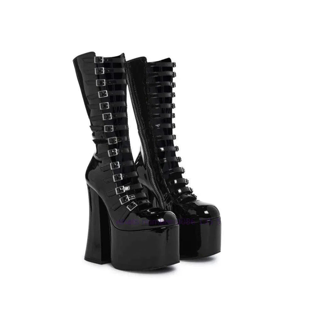 Black Multi-Buckle Platform Sandals Chunky Heel Cut Out Knee High Sandal Boots for Women 2024 Luxury Runway Shoes Lolita Cute