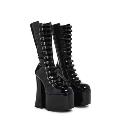 Black Multi-Buckle Platform Sandals Chunky Heel Cut Out Knee High Sandal Boots for Women 2024 Luxury Runway Shoes Lolita Cute