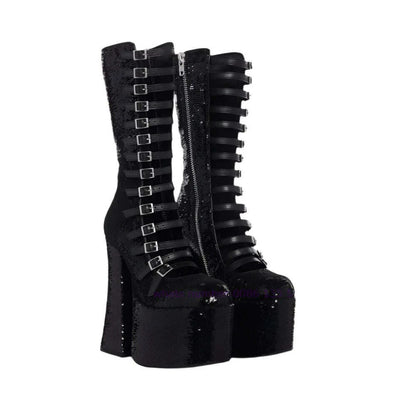 Black Multi-Buckle Platform Sandals Chunky Heel Cut Out Knee High Sandal Boots for Women 2024 Luxury Runway Shoes Lolita Cute