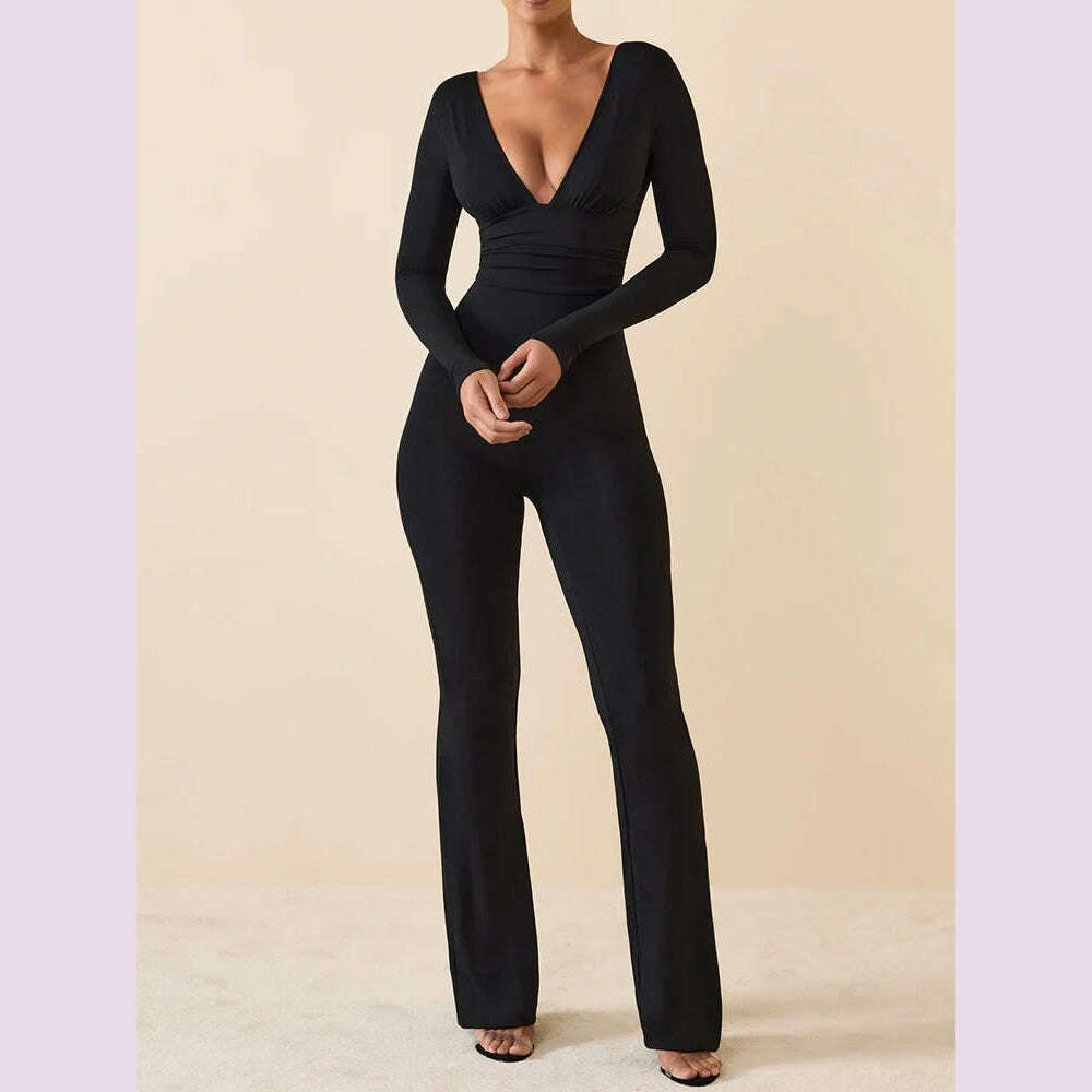 Black Pleated Big Flare Jumpsuit Long Sleeve V Neck Skinny Jumpsuit Pants Women Sexy Slim Backless Long Sleeve Trousers