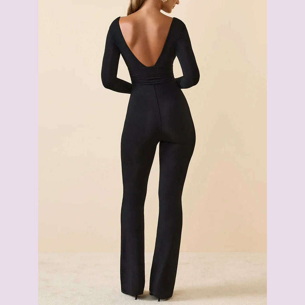 Black Pleated Big Flare Jumpsuit Long Sleeve V Neck Skinny Jumpsuit Pants Women Sexy Slim Backless Long Sleeve Trousers
