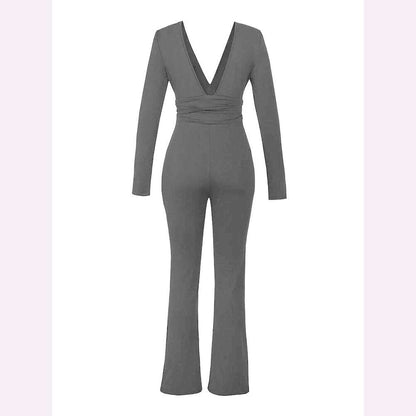 Black Pleated Big Flare Jumpsuit Long Sleeve V Neck Skinny Jumpsuit Pants Women Sexy Slim Backless Long Sleeve Trousers