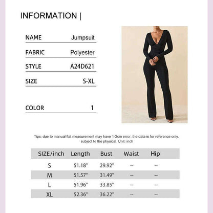 Black Pleated Big Flare Jumpsuit Long Sleeve V Neck Skinny Jumpsuit Pants Women Sexy Slim Backless Long Sleeve Trousers