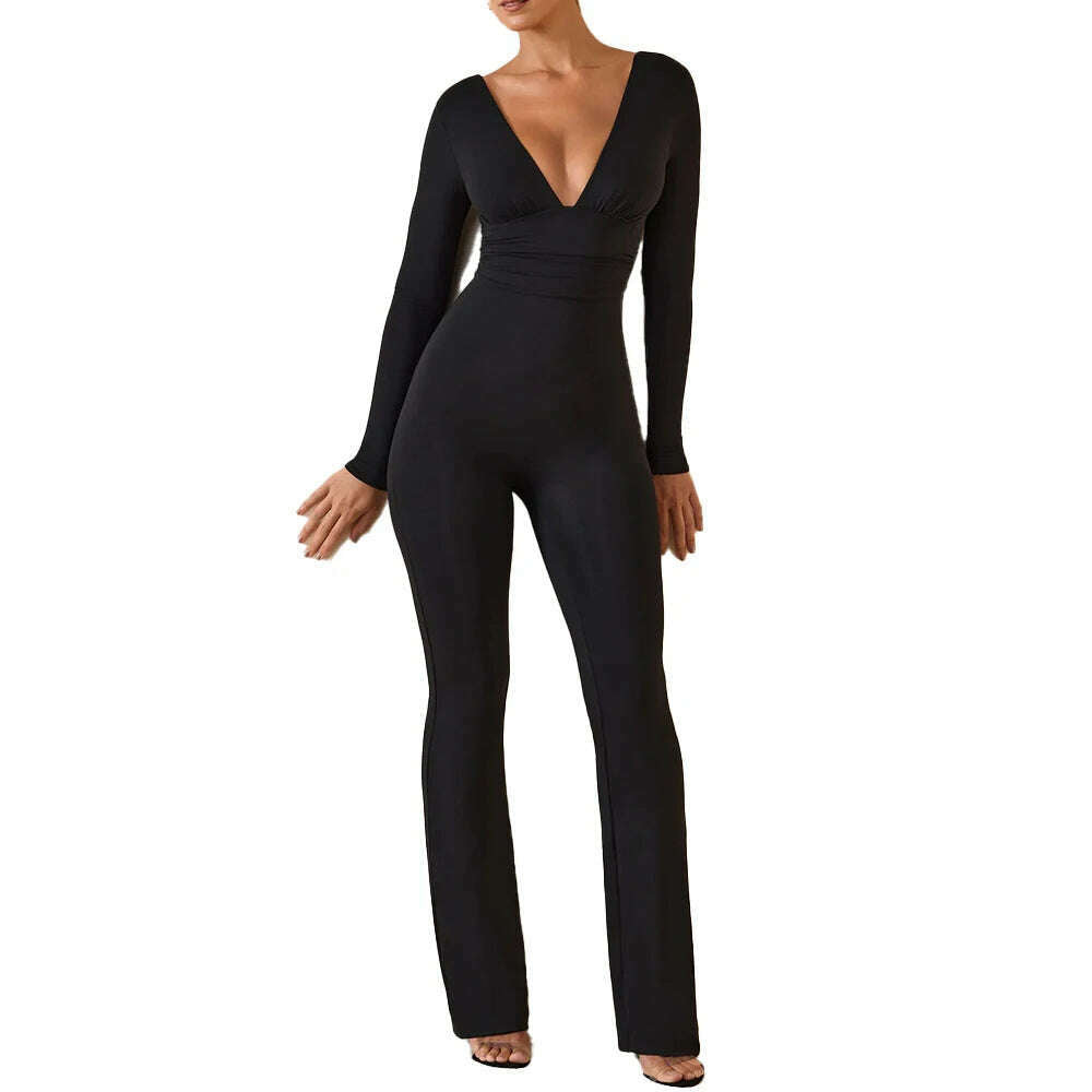 Black Pleated Big Flare Jumpsuit Long Sleeve V Neck Skinny Jumpsuit Pants Women Sexy Slim Backless Long Sleeve Trousers