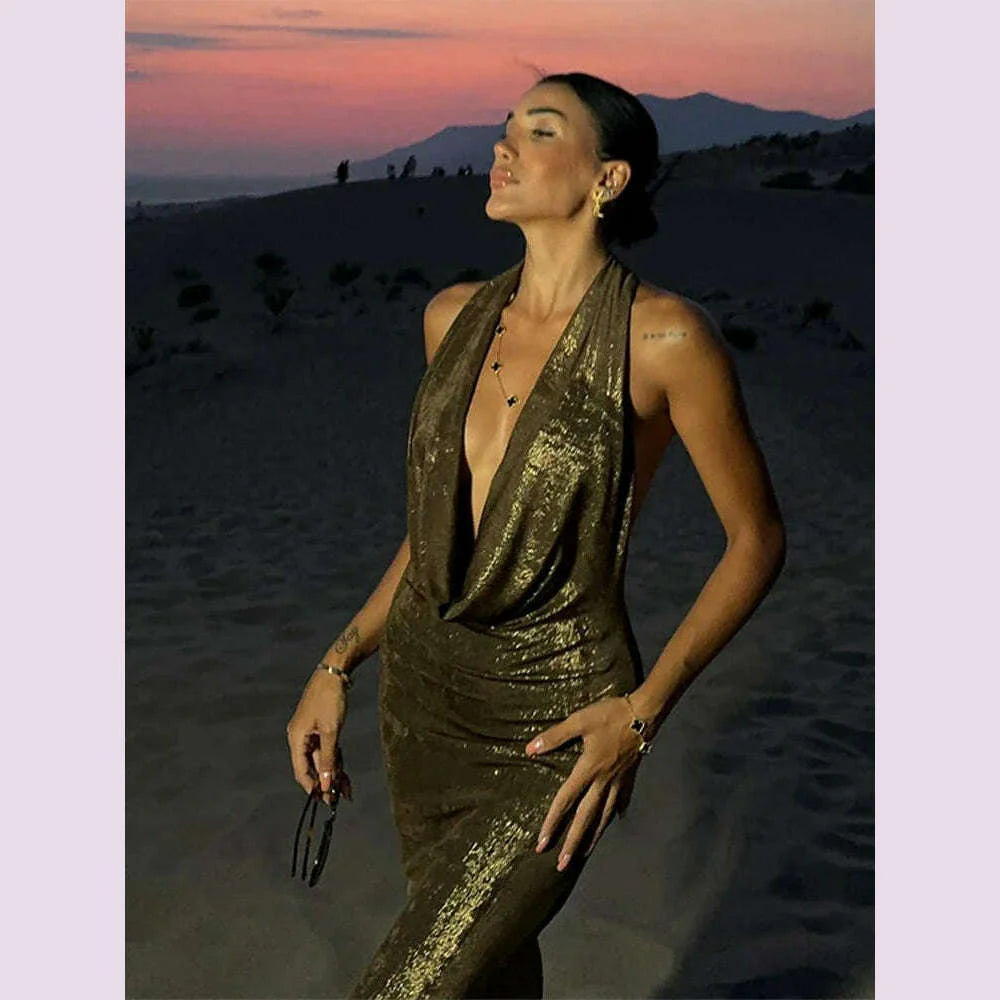 Bling Glitter Women Halter Maxi Dress Sexy V Neck Backless Lady Long Dresses Party Evening Birthday Clothes Elegant Prom Vestido