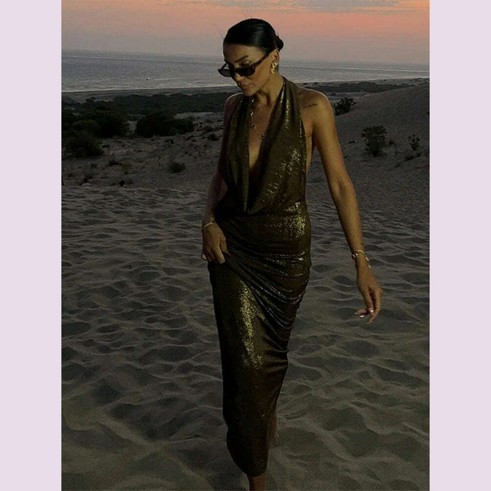 Bling Glitter Women Halter Maxi Dress Sexy V Neck Backless Lady Long Dresses Party Evening Birthday Clothes Elegant Prom Vestido