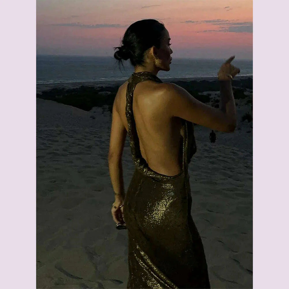 Bling Glitter Women Halter Maxi Dress Sexy V Neck Backless Lady Long Dresses Party Evening Birthday Clothes Elegant Prom Vestido