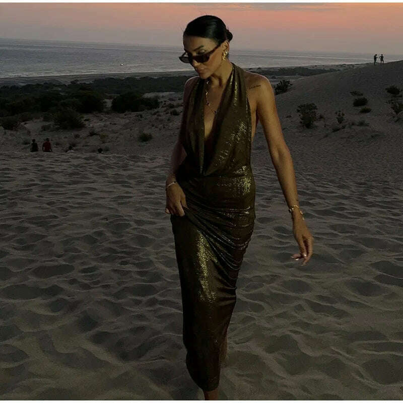 Bling Glitter Women Halter Maxi Dress Sexy V Neck Backless Lady Long Dresses Party Evening Birthday Clothes Elegant Prom Vestido