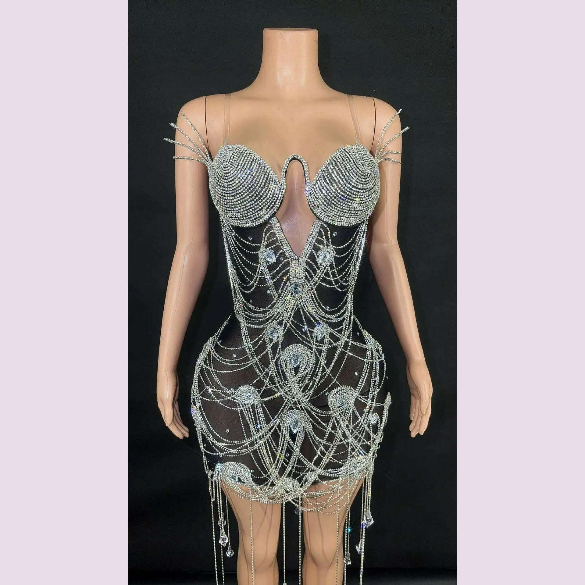 Bling Rhinestones Fringes Spaghetti Straps Dress Women Celebrate Birthday Evening Dress Prom Outfit Sexy See Through Show Wear