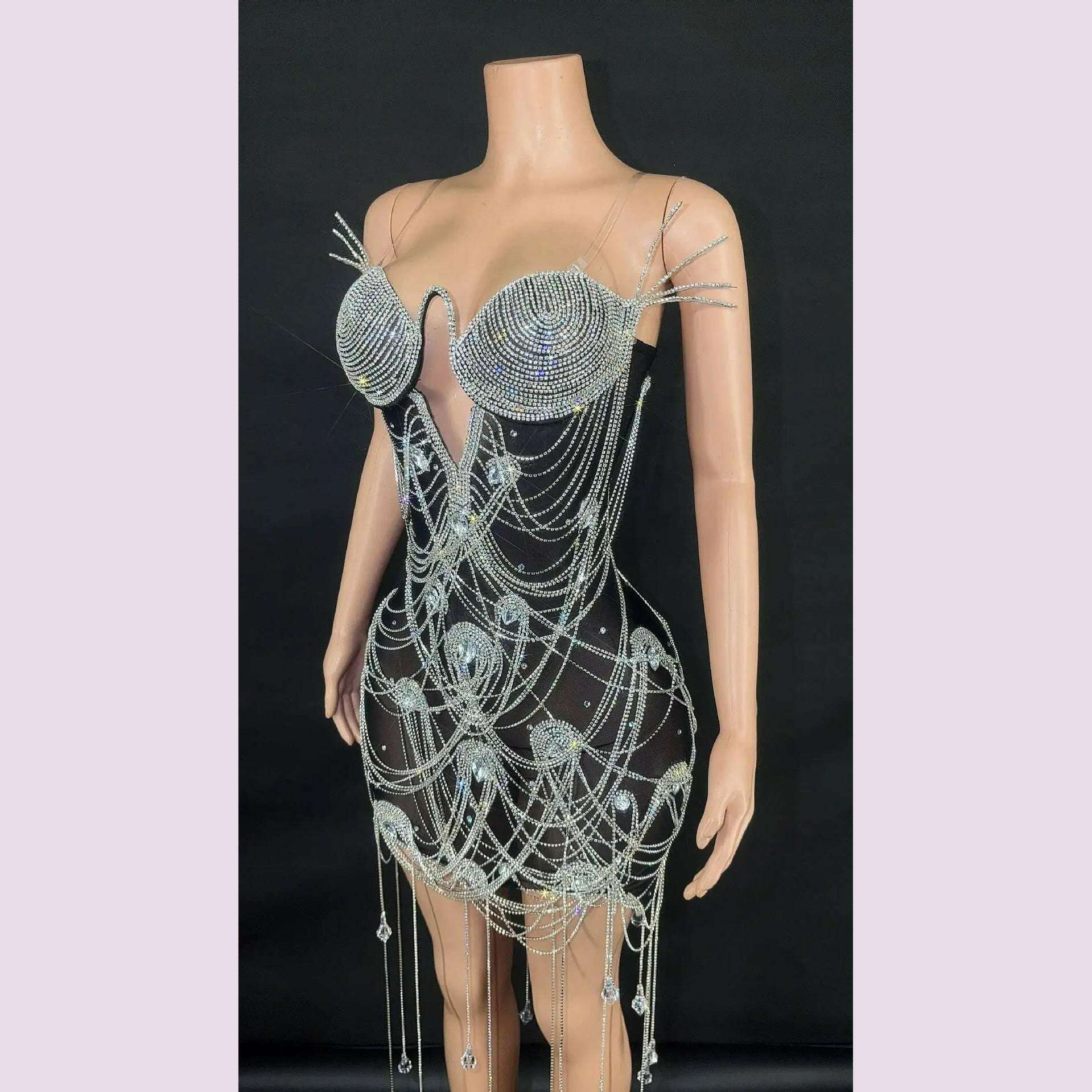 Bling Rhinestones Fringes Spaghetti Straps Dress Women Celebrate Birthday Evening Dress Prom Outfit Sexy See Through Show Wear