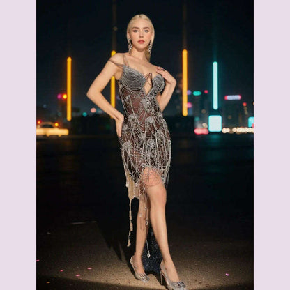 Bling Rhinestones Fringes Spaghetti Straps Dress Women Celebrate Birthday Evening Dress Prom Outfit Sexy See Through Show Wear