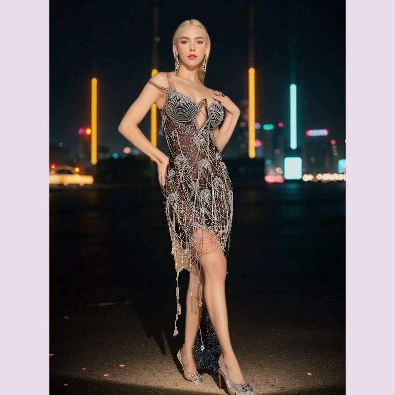 Bling Rhinestones Fringes Spaghetti Straps Dress Women Celebrate Birthday Evening Dress Prom Outfit Sexy See Through Show Wear