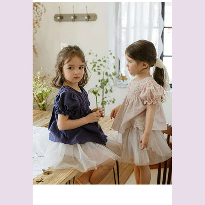 Blouses Summer Korea Girls Children Clothing Sweet Lovely Cotton Puff Sleeve Short Sleeved Shirt 2024 Simple Fashion