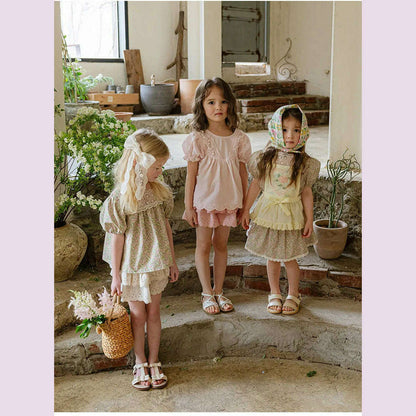 Blouses Summer Korea Girls Children Clothing Sweet Lovely Cotton Puff Sleeve Short Sleeved Shirt 2024 Simple Fashion