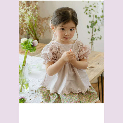 Blouses Summer Korea Girls Children Clothing Sweet Lovely Cotton Puff Sleeve Short Sleeved Shirt 2024 Simple Fashion