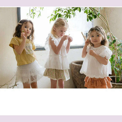 Blouses Summer Korea Girls Children Clothing Sweet Lovely Cotton Puff Sleeve Short Sleeved Shirt 2024 Simple Fashion